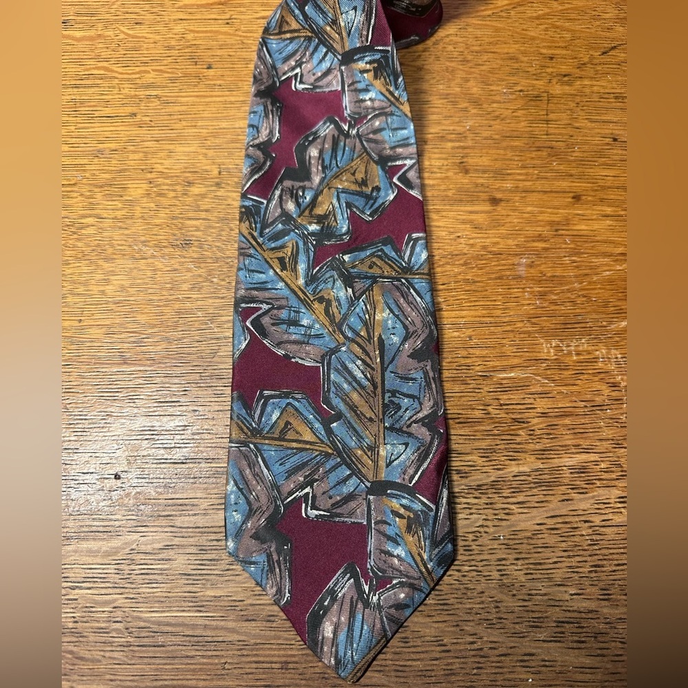 Vintage Christian Dior Monsieur Leaf Patterned Burgundy Gold‎ Blue Neck Tie